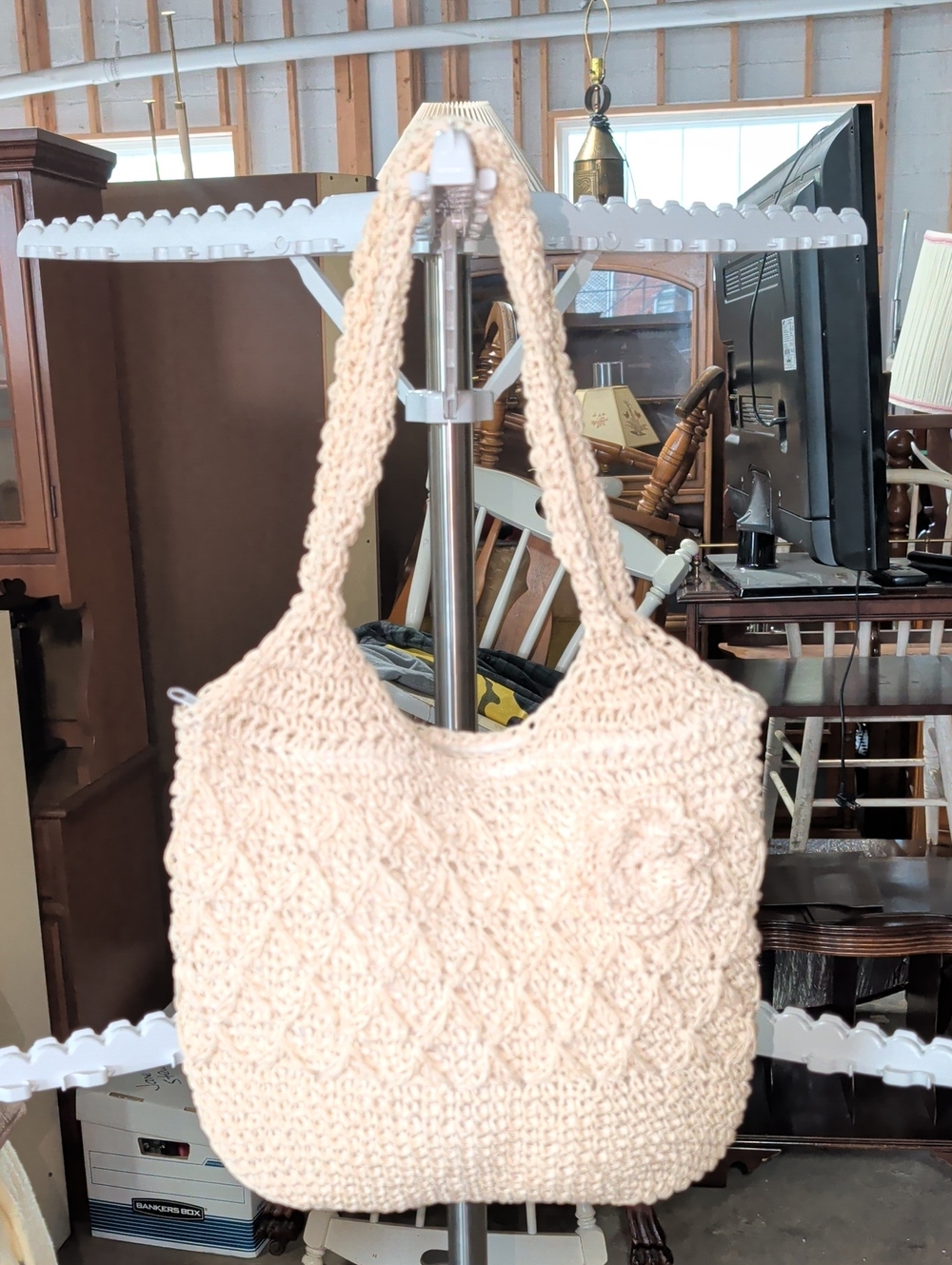 Vintage Shandong Laizhou Cream Crochet Paper Straw Shoulder Bag Boho Rosette